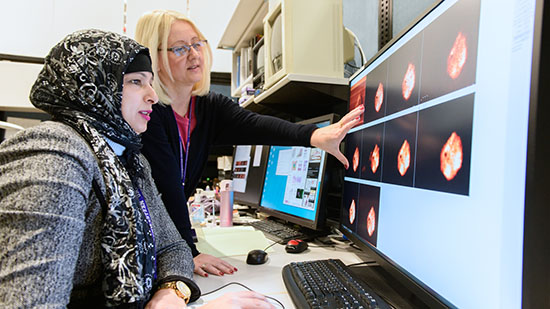 Two healthcare professionals look at a screen together